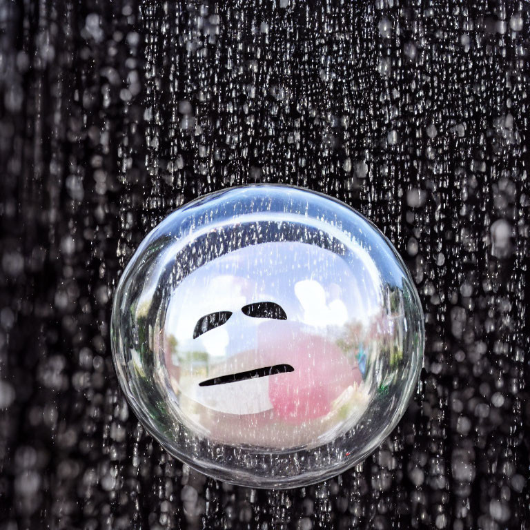 Colorful soap bubble with frowny face in falling water droplets