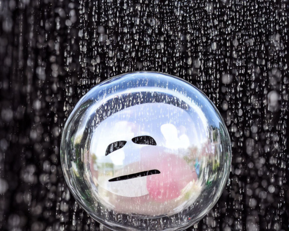 Colorful soap bubble with frowny face in falling water droplets