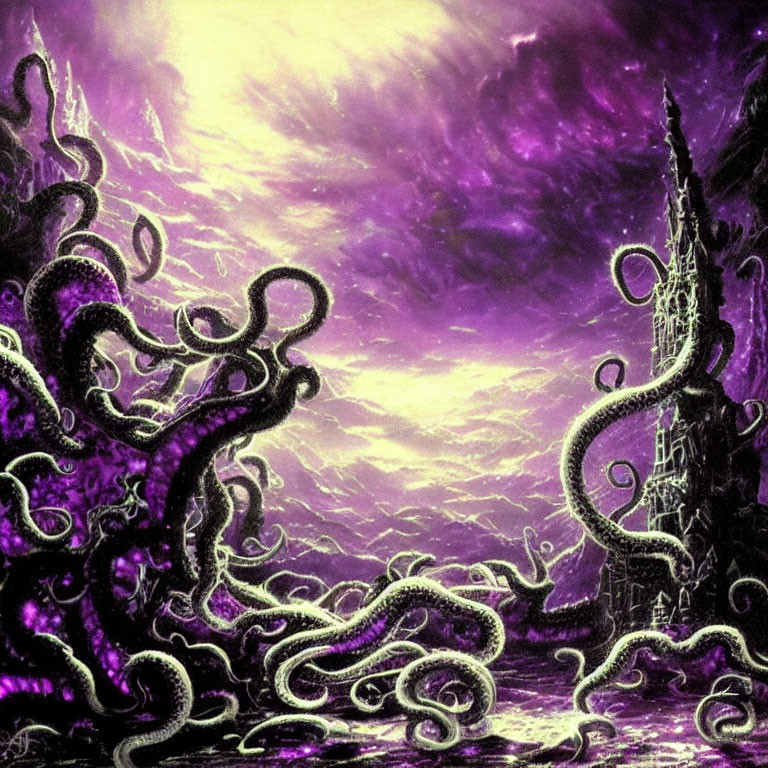 Purple-hued landscape with menacing tentacles and solitary spire in swirling sky