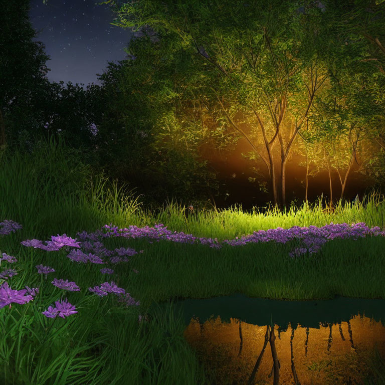 Tranquil nighttime landscape with lush greenery, purple flowers, reflective pond, and warm glowing light