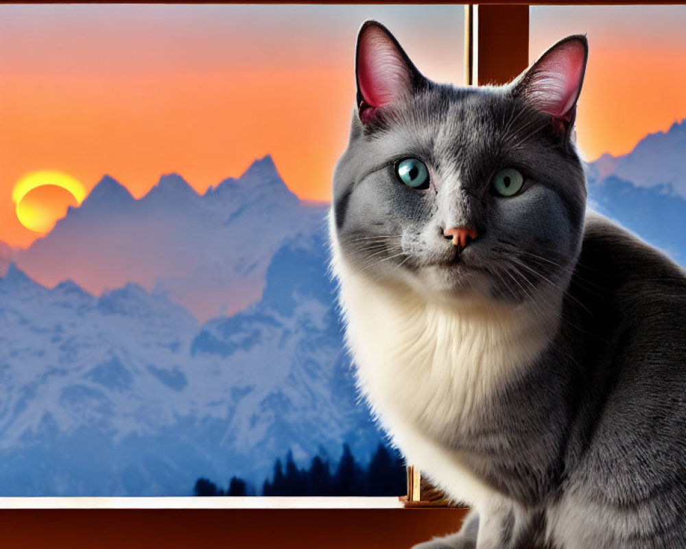 Grey Cat with Blue Eyes Watching Sunset over Snow-Capped Mountains