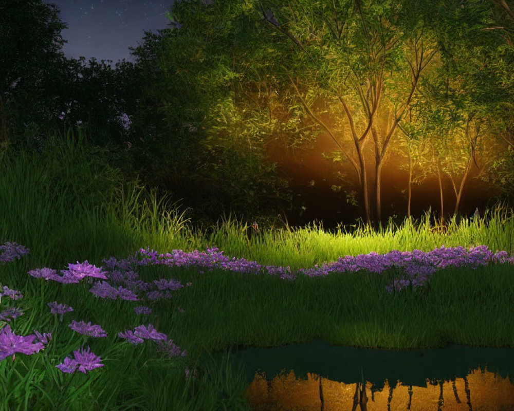 Tranquil nighttime landscape with lush greenery, purple flowers, reflective pond, and warm glowing light