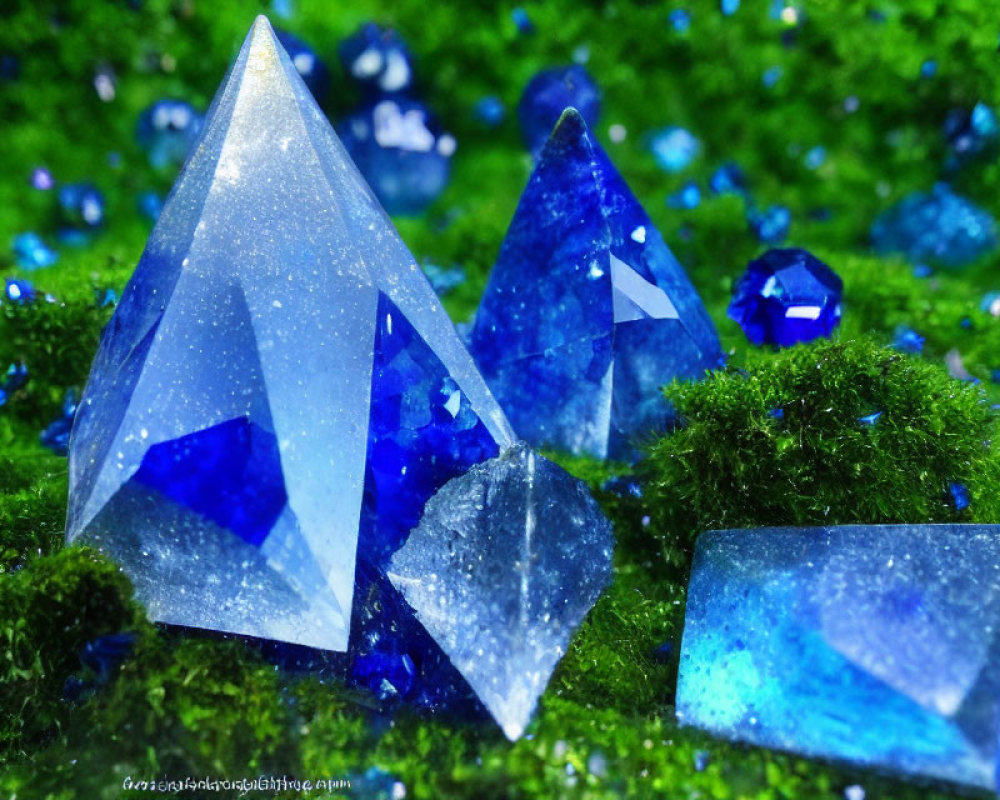 Crystal-shaped Paperweights on Moss with Blue Gemstones Display