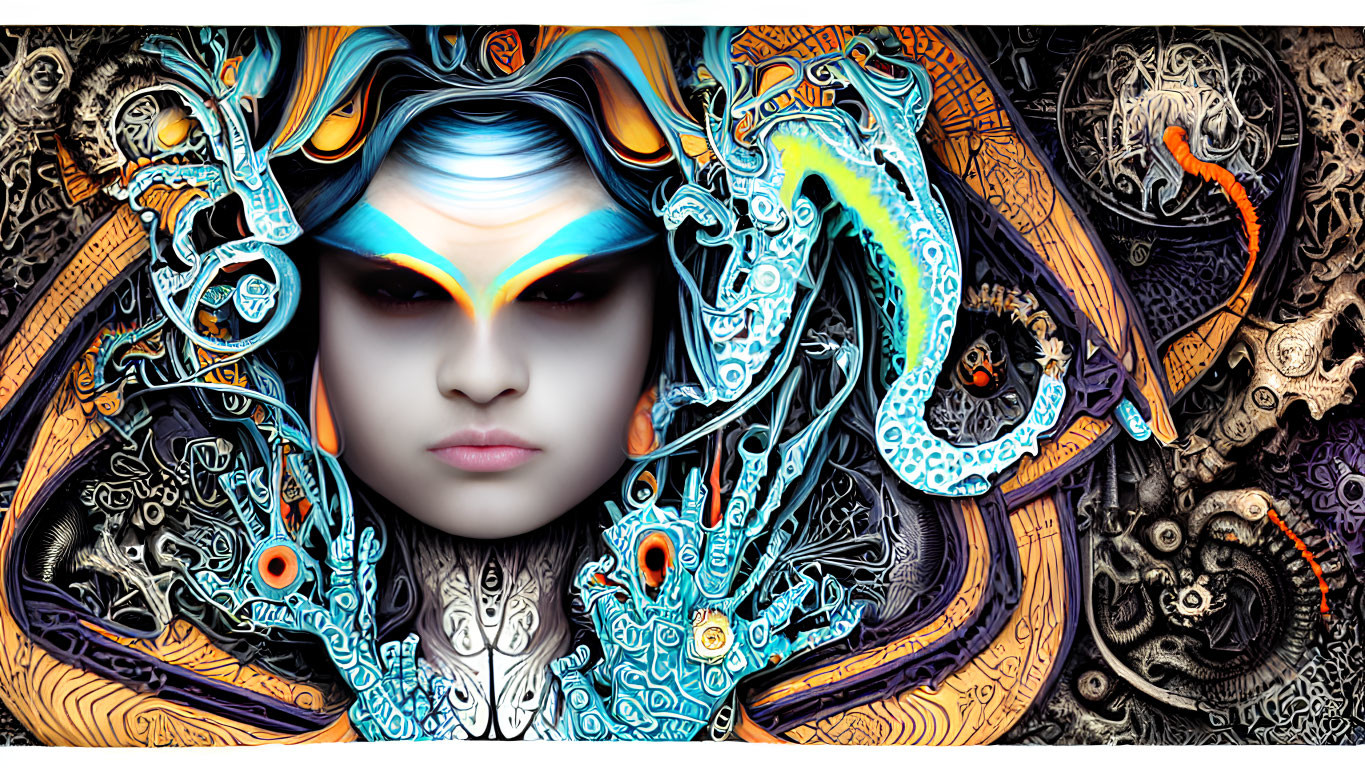 Detailed Digital Art: Serene humanoid amidst intricate patterns