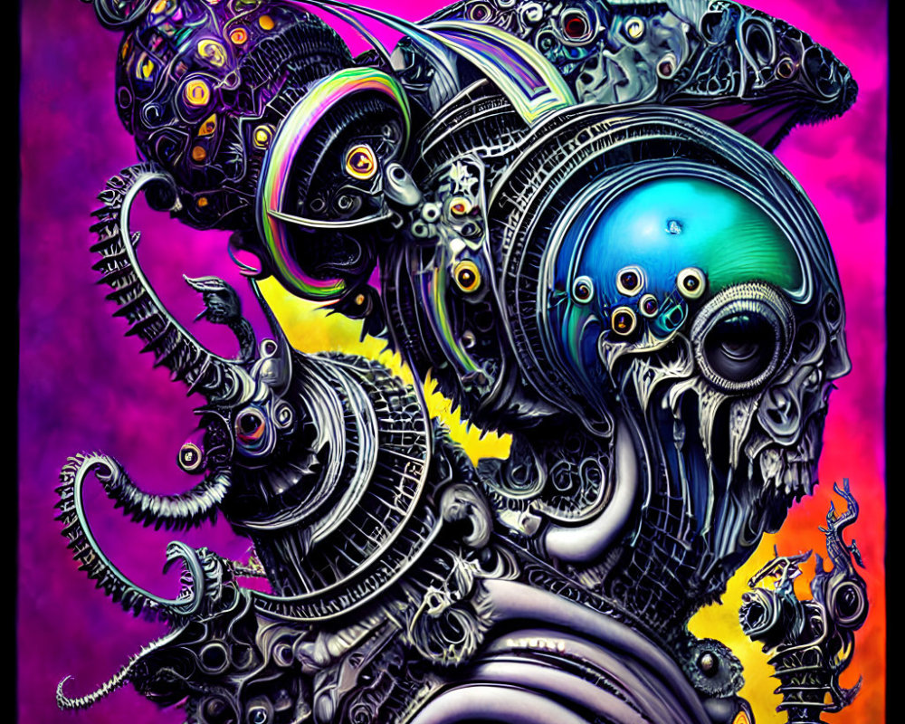 Detailed digital artwork of a mechanical creature with surreal elements on purple background