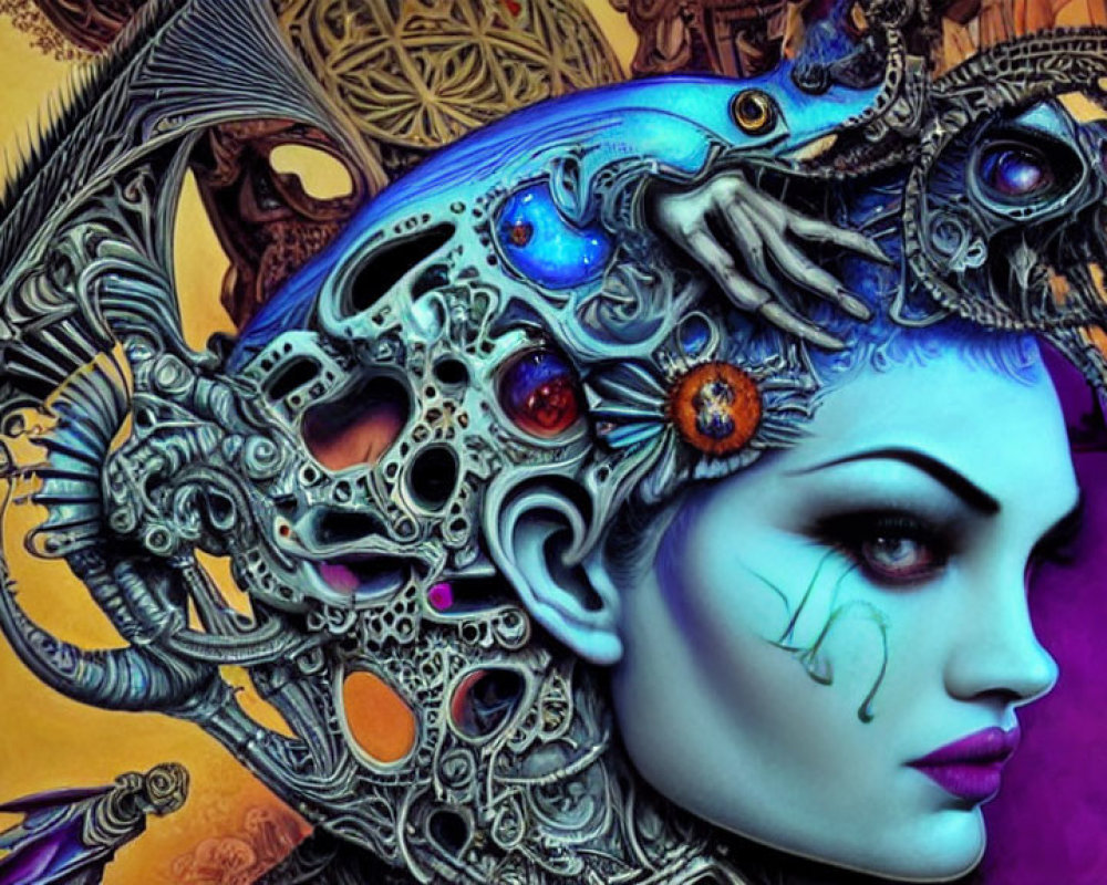 Vibrant Female Figure Artwork with Futuristic Headdress & Gemstones