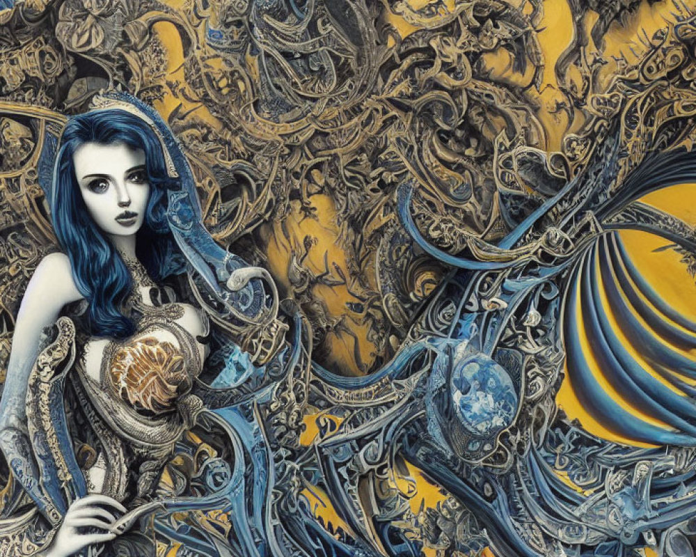 Fantasy artwork: Woman with blue hair in ornate golden backdrop