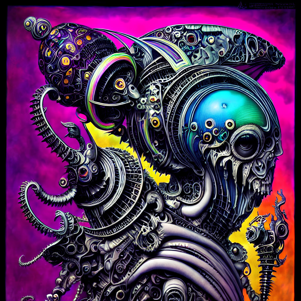 Detailed digital artwork of a mechanical creature with surreal elements on purple background