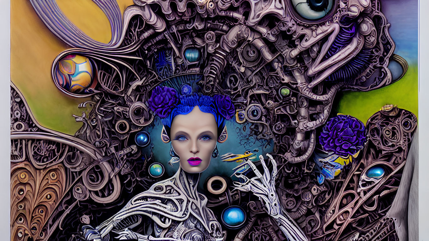 Surreal humanoid figure with mechanical body and blue hair in abstract machinery setting