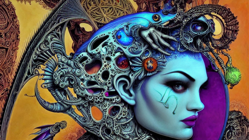 Vibrant Female Figure Artwork with Futuristic Headdress & Gemstones