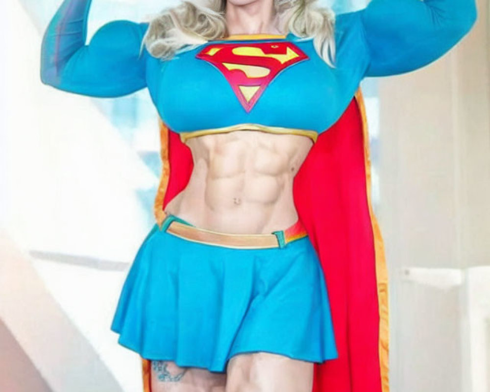 Muscular person in Supergirl costume flexing fists confidently