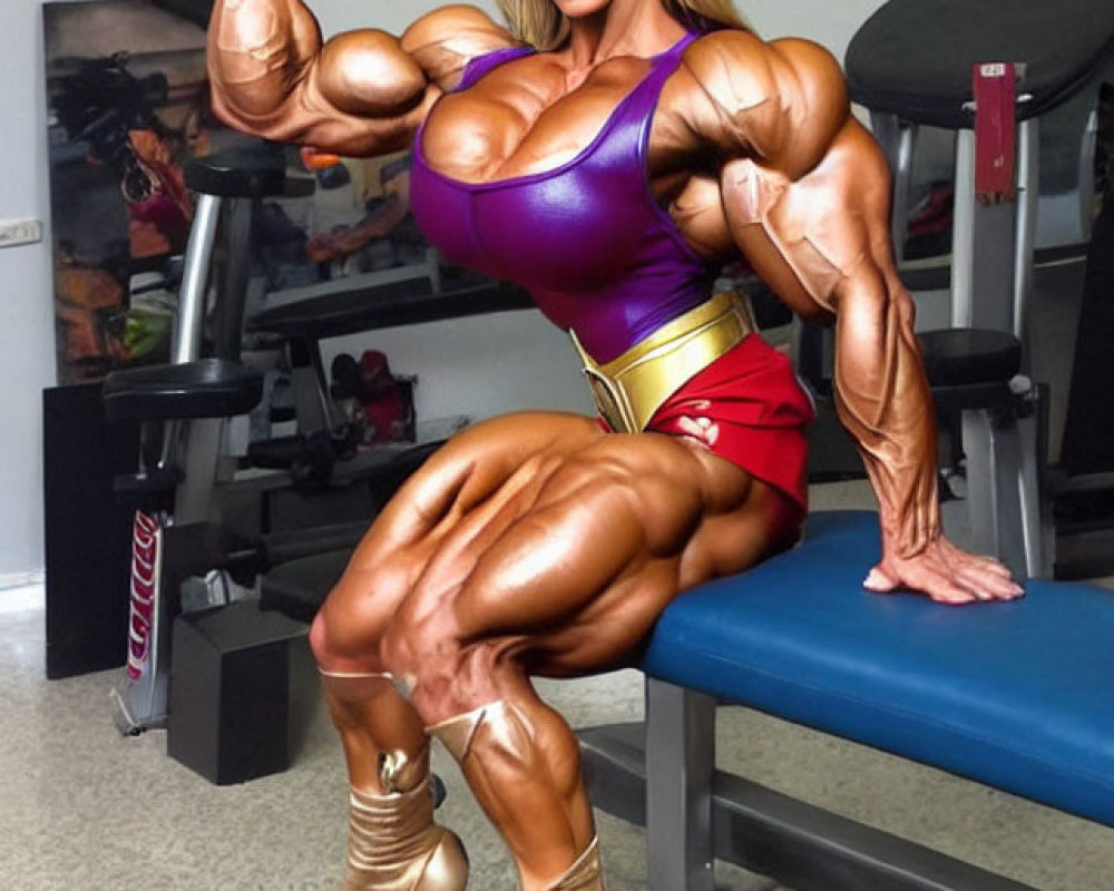 Blond muscular woman flexing bicep in purple and red costume