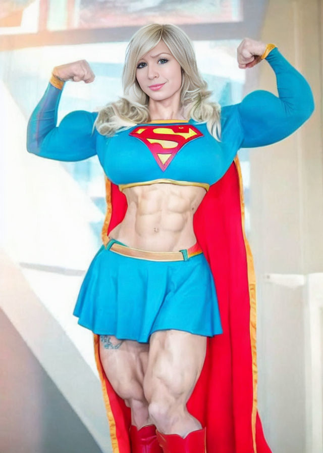 Muscular person in Supergirl costume flexing fists confidently