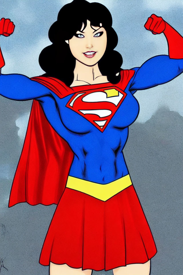 Smiling superheroine in blue suit with red cape and Superman emblem