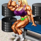 Blond muscular woman flexing bicep in purple and red costume