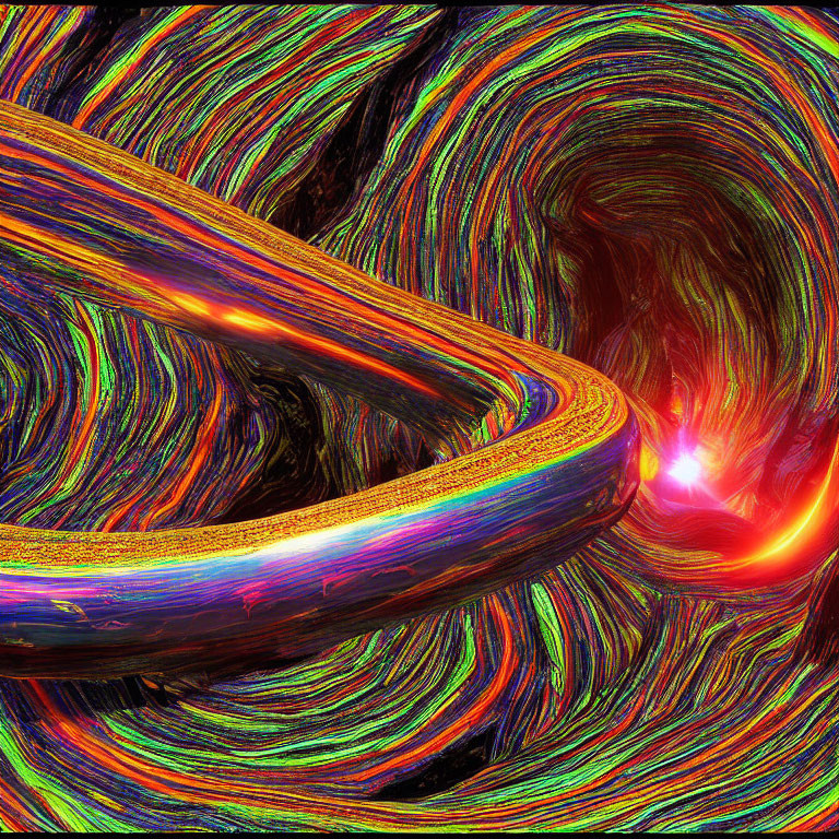 Colorful Abstract Swirling Pattern with Neon Streaks and Glowing Center