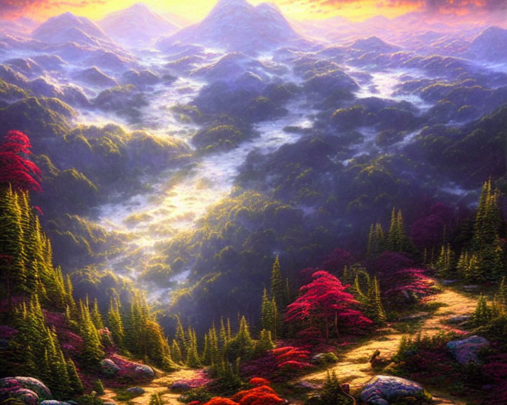 Colorful Sky Over Misty Mountains and Pink Trees in Lush Forests