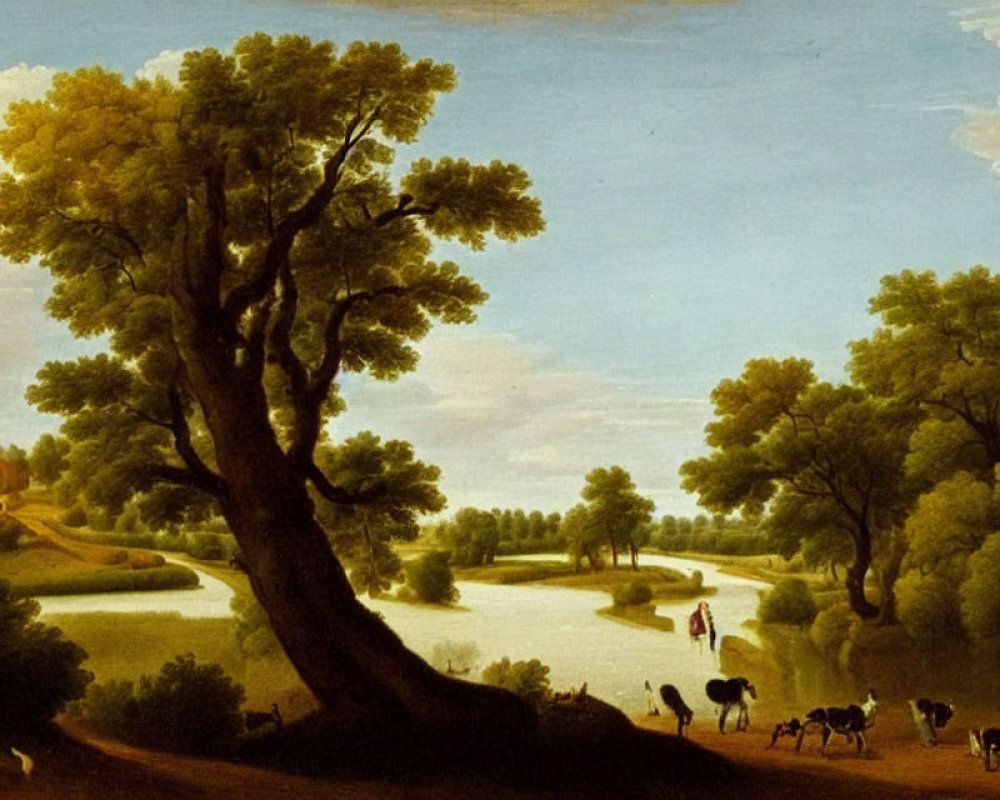 Tranquil pastoral landscape with tree, river, people, and cattle