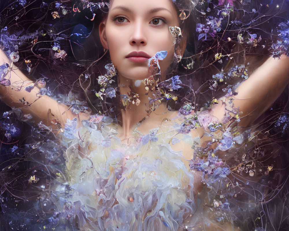 Portrait of Woman Surrounded by Mystical Flowers and Branches