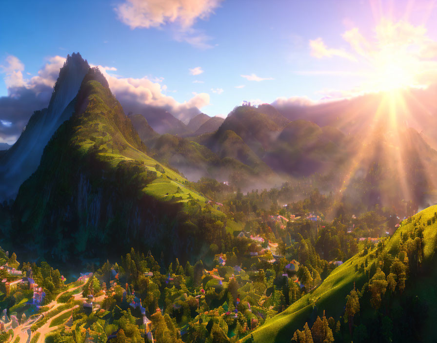 Scenic village in green hills under dazzling sunrise