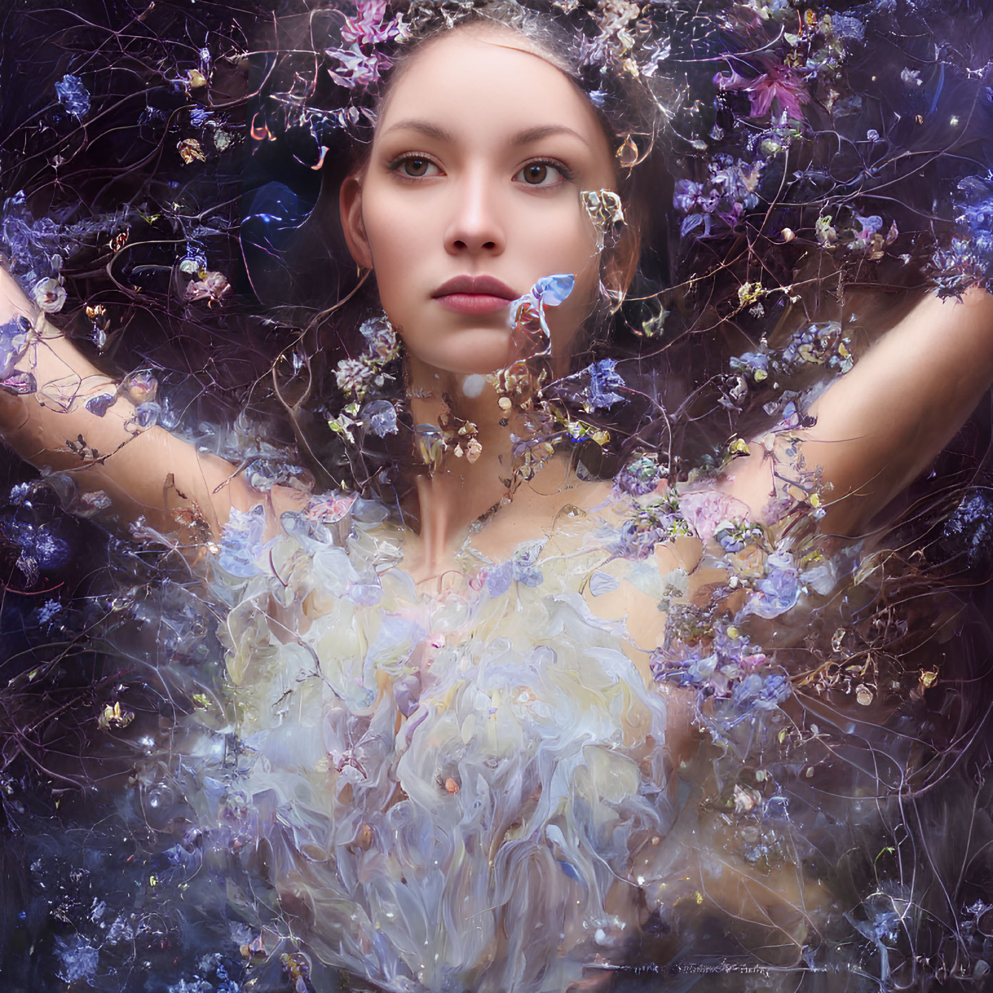 Portrait of Woman Surrounded by Mystical Flowers and Branches