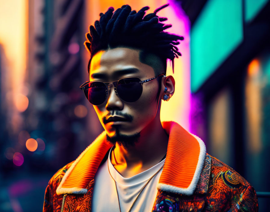 Urban street style: Individual with unique hairstyle and sunglasses confidently poses at sunset.