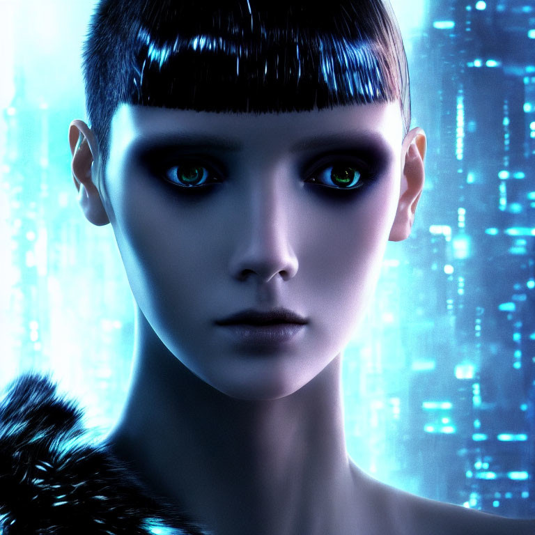 Female with Striking Green Eyes and Futuristic Blue Digital Patterns