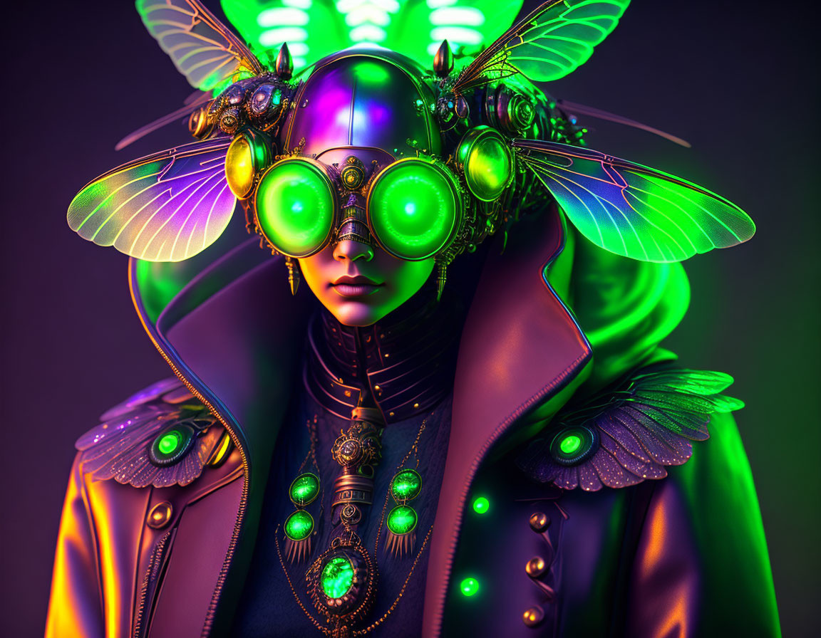 Colorful futuristic artwork: person with green goggles and insect wings