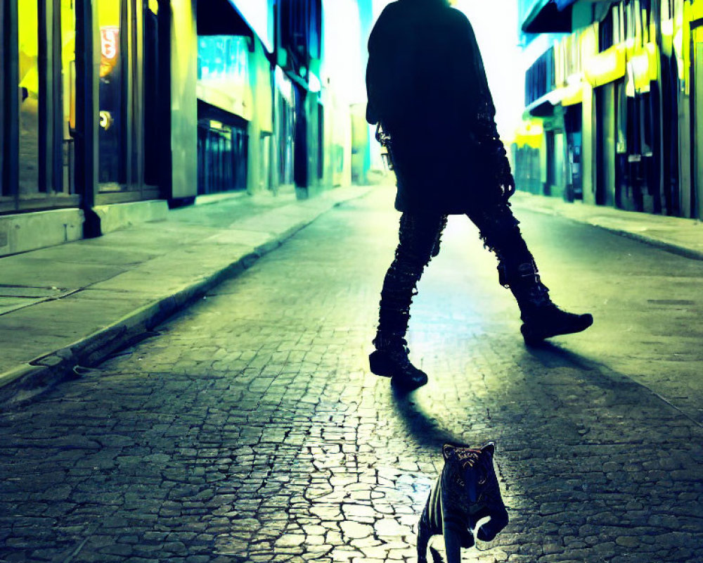 Silhouetted figure in hat on cobblestone street at dusk with small cat under neon lights