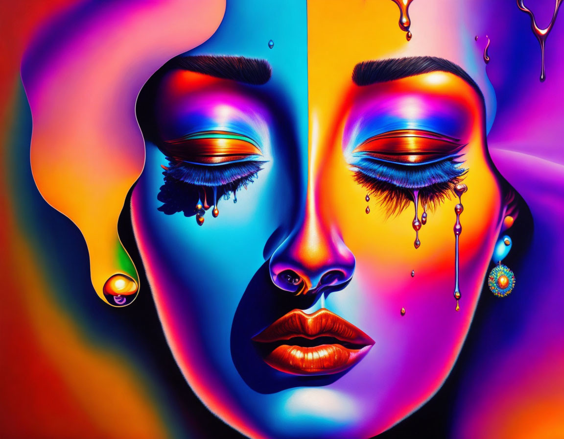 Symmetrical face with melting features on colorful background