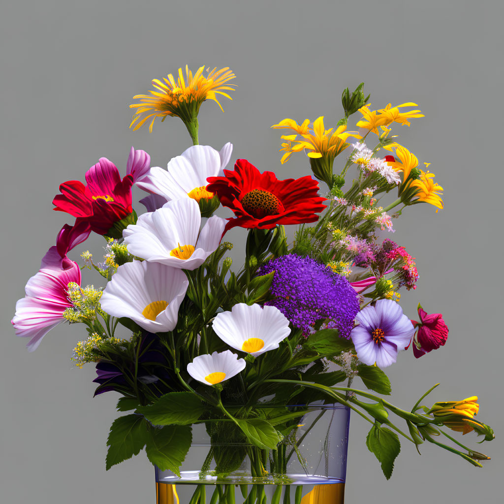 Colorful bouquet of red, white, and purple flowers on grey background