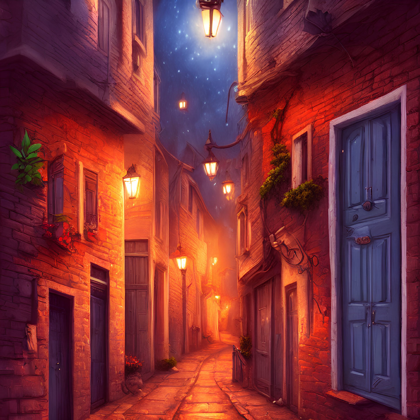 Charming cobblestone alley at dusk with warm street lamps and cozy doorways