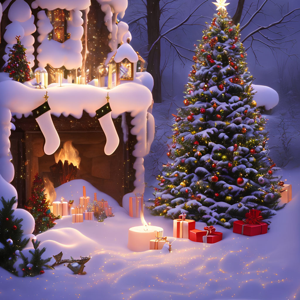 Festive Outdoor Christmas Scene with Tree, Gifts, Snow, and Candles