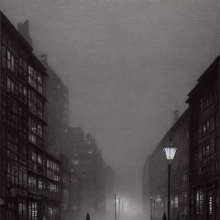 Monochromatic foggy street at night with silhouettes and street lamps