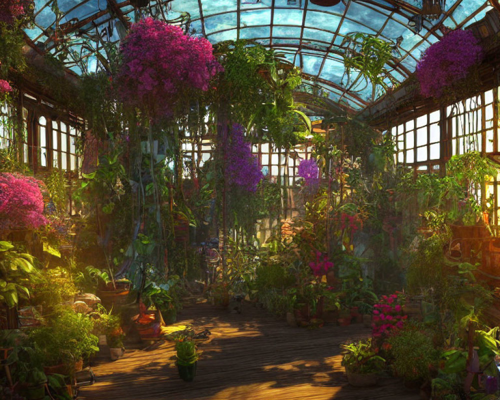 Vibrant pink and purple flowers in lush greenhouse with sunlight and green foliage