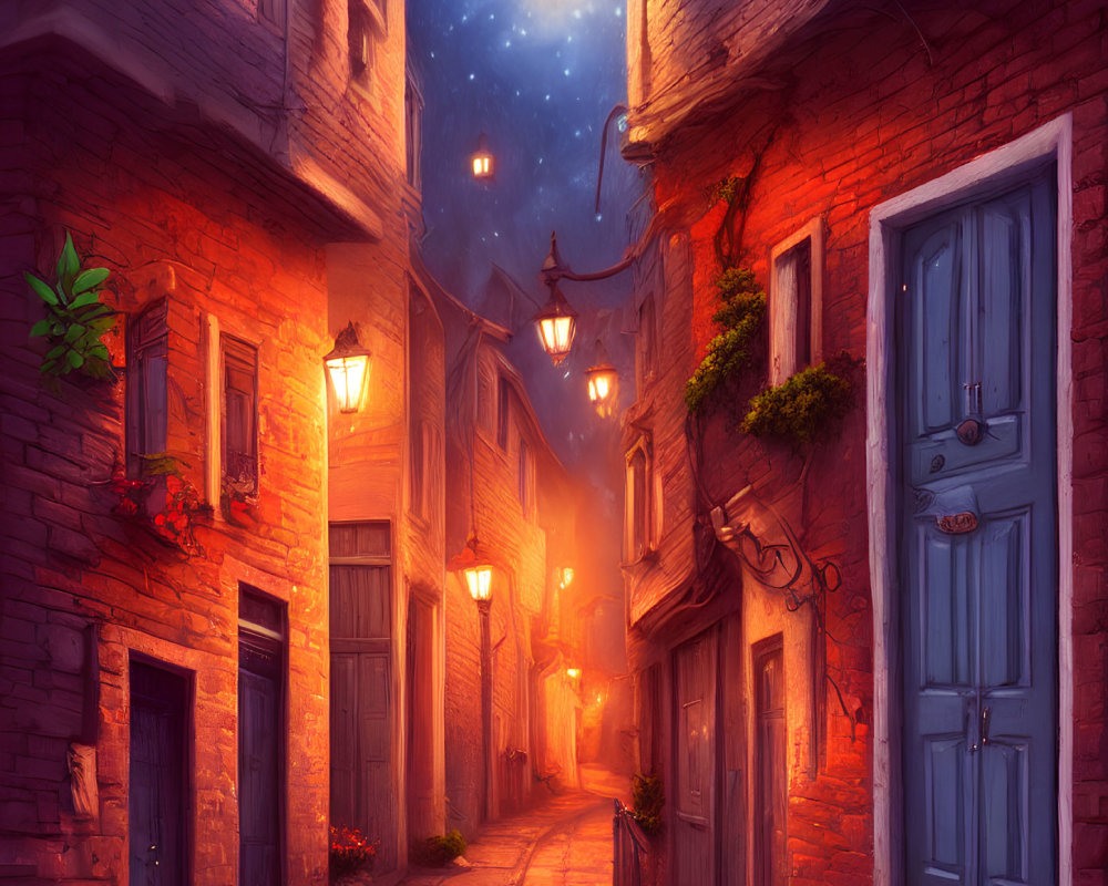 Charming cobblestone alley at dusk with warm street lamps and cozy doorways