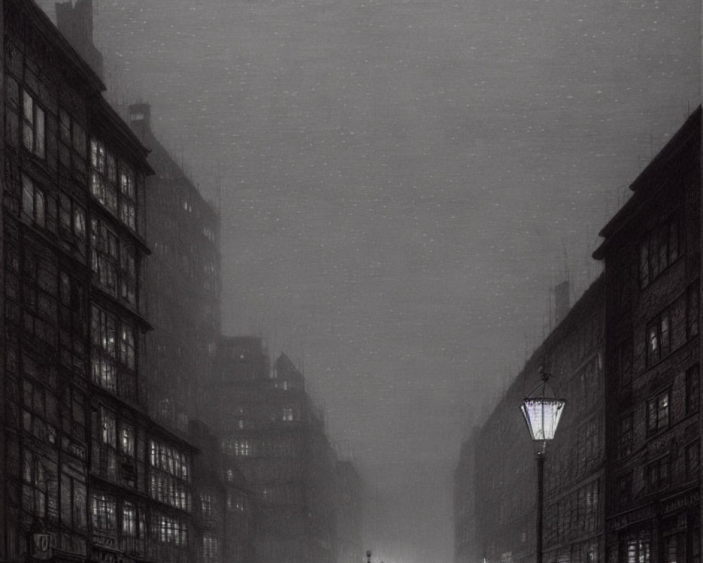 Monochromatic foggy street at night with silhouettes and street lamps