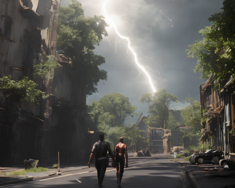 Urban street scene with two individuals in suit and red dress under stormy sky.