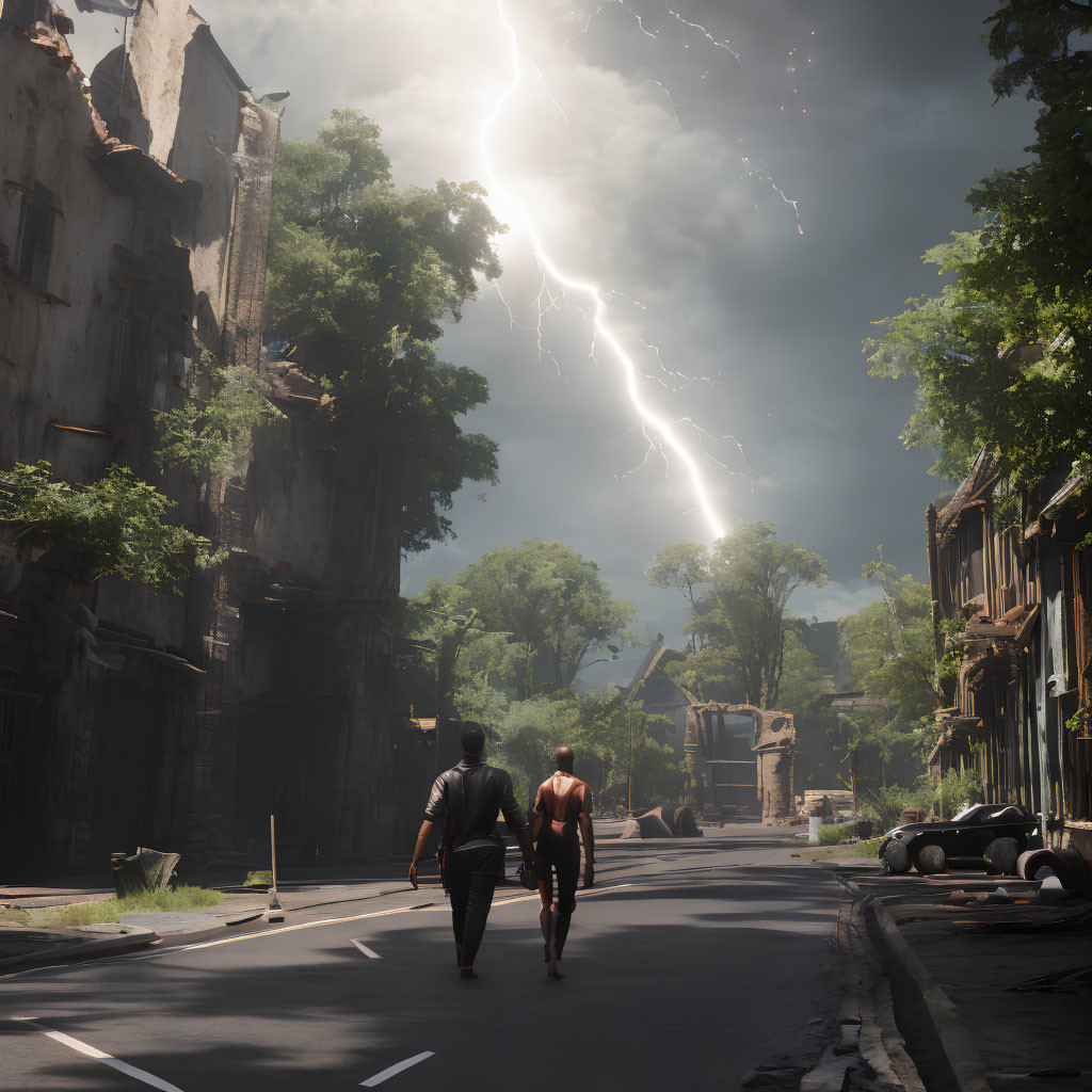 Urban street scene with two individuals in suit and red dress under stormy sky.