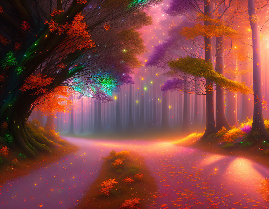 Vibrant autumnal forest with purple to orange trees and fallen leaves