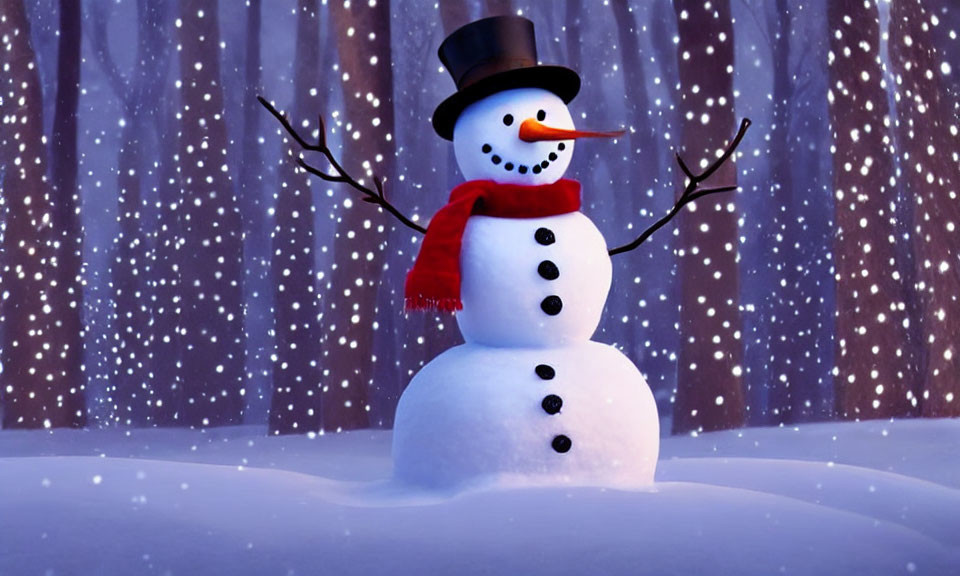 Cheerful Snowman with Top Hat and Red Scarf in Snowy Forest