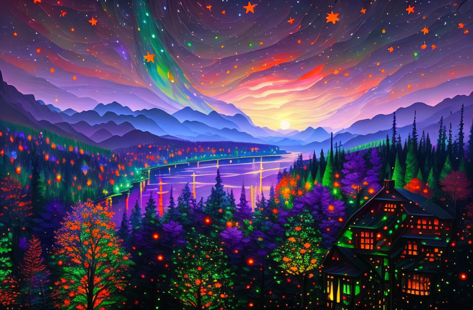 Mountain landscape painting: sunset, starry sky, river, bridge, cottage, colorful trees