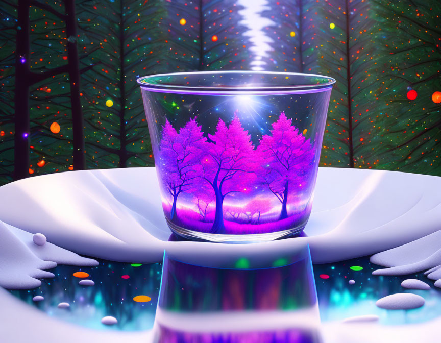 Miniature purple-pink forest in transparent cup on teal backdrop