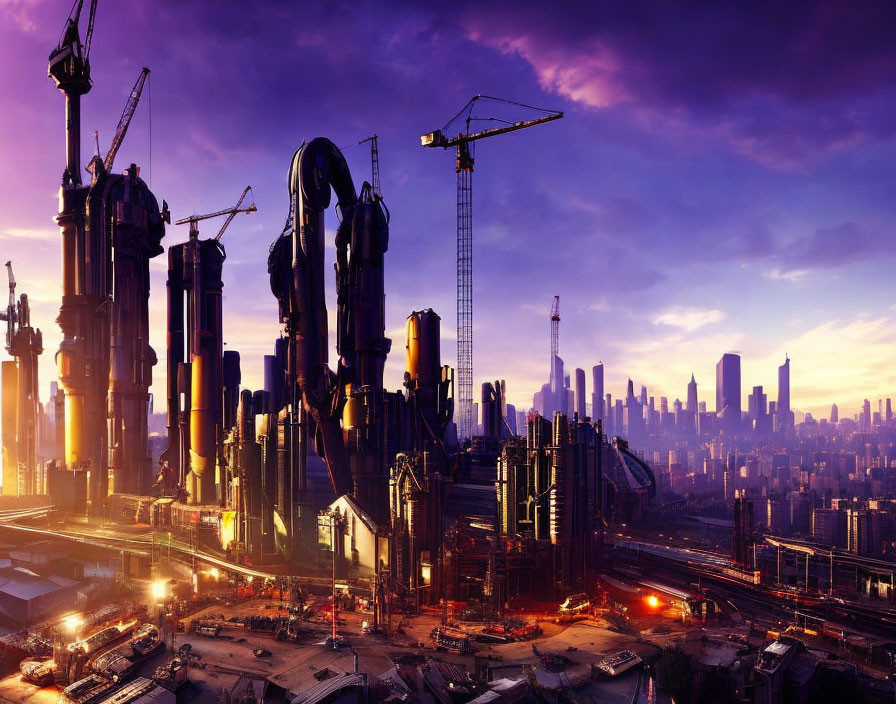 Futuristic cityscape with skyscrapers under construction at dusk