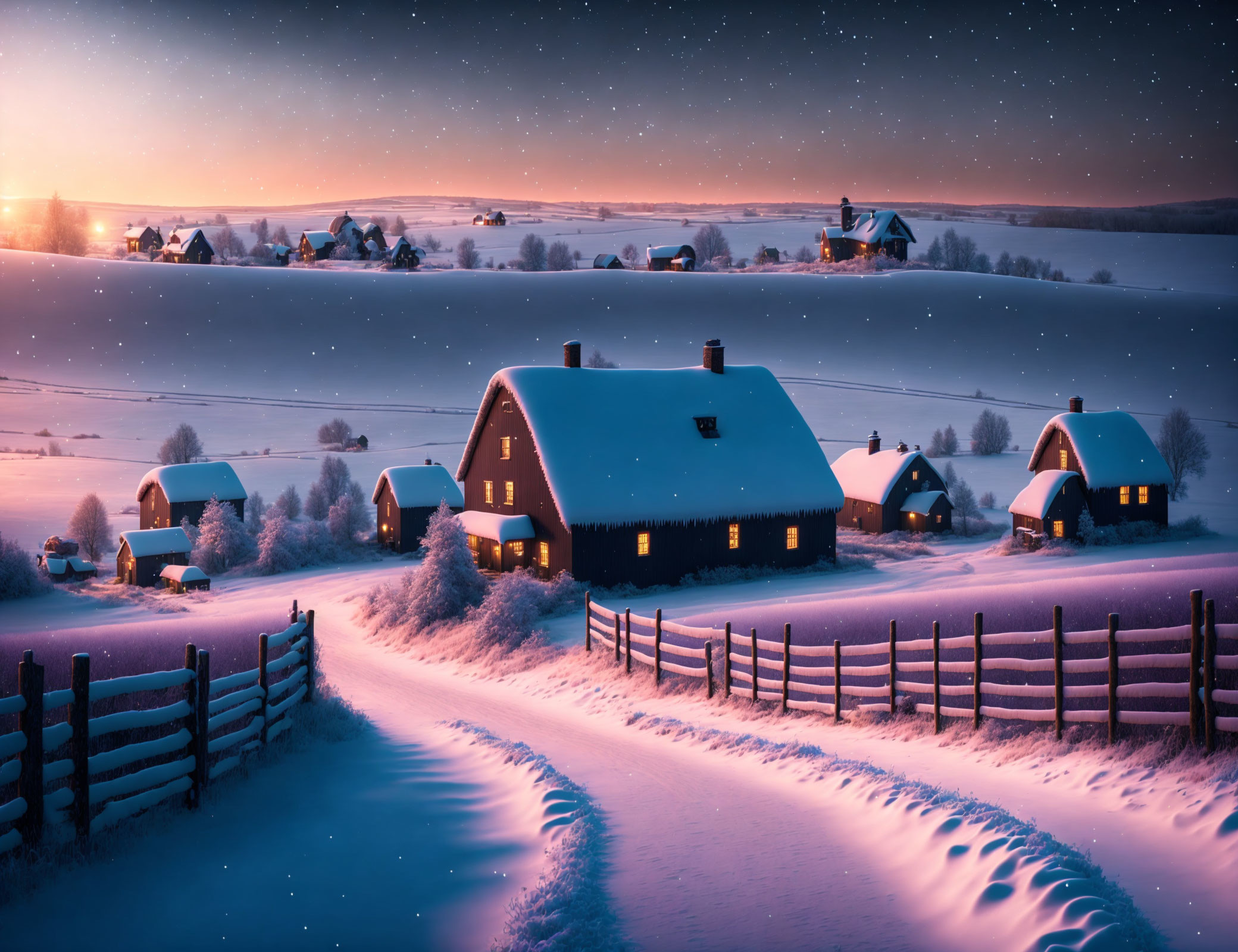 Snow-covered houses and glowing path in serene winter dusk