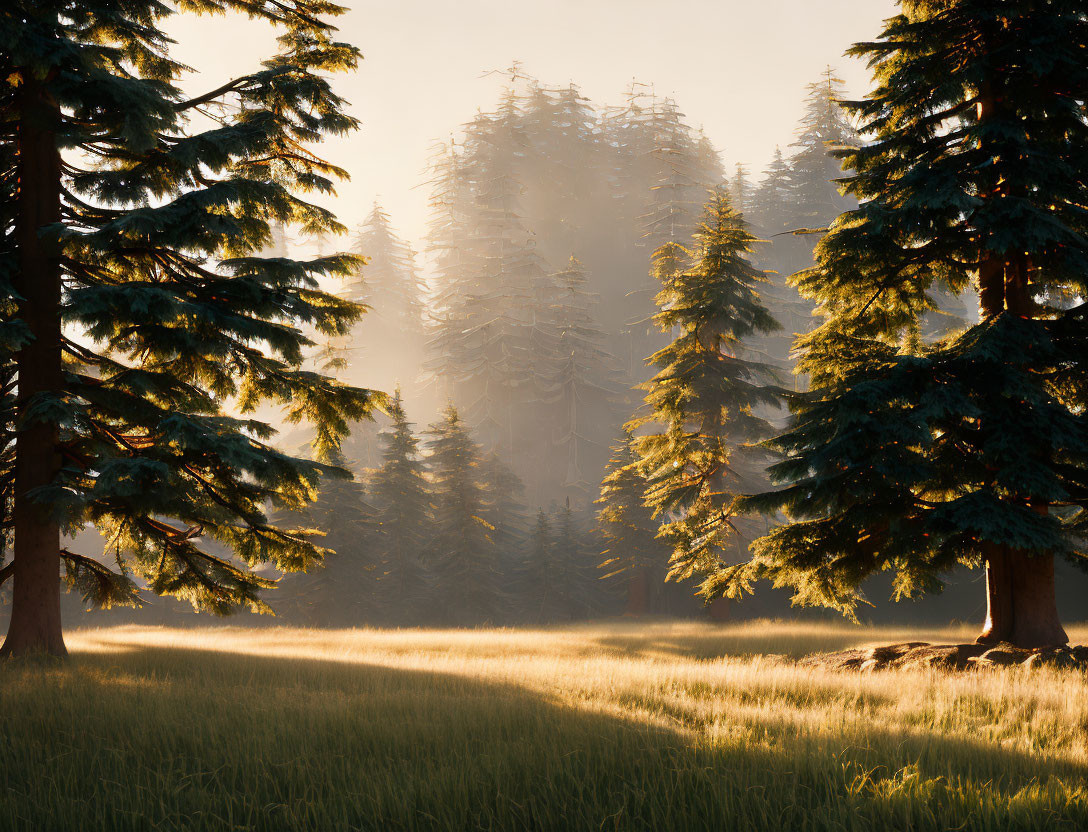 Sunlit Misty Forest at Sunrise with Tranquil Meadow