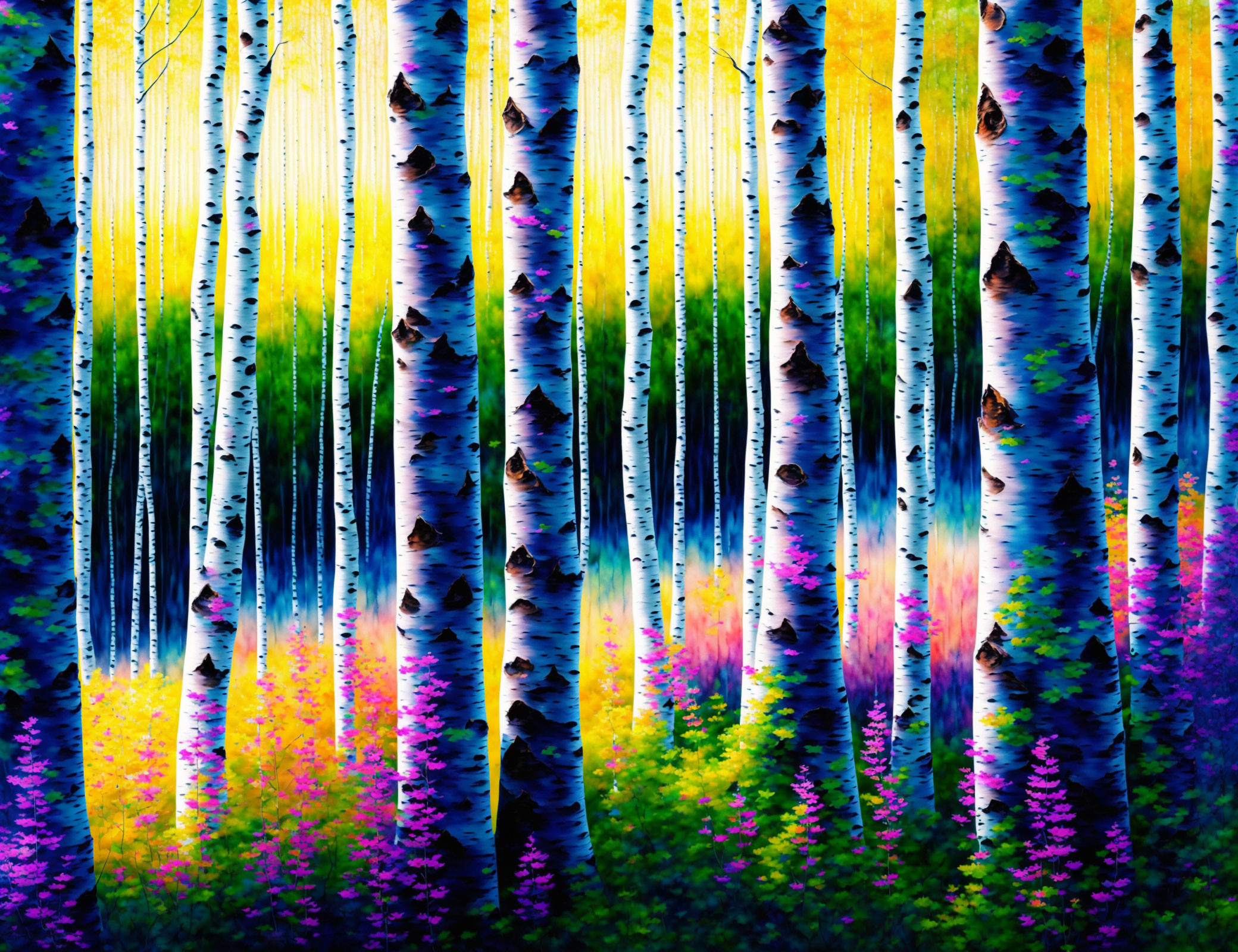 Colorful Abstract Forest Scene with Stylized Birch Trees and Purple Pink Flora