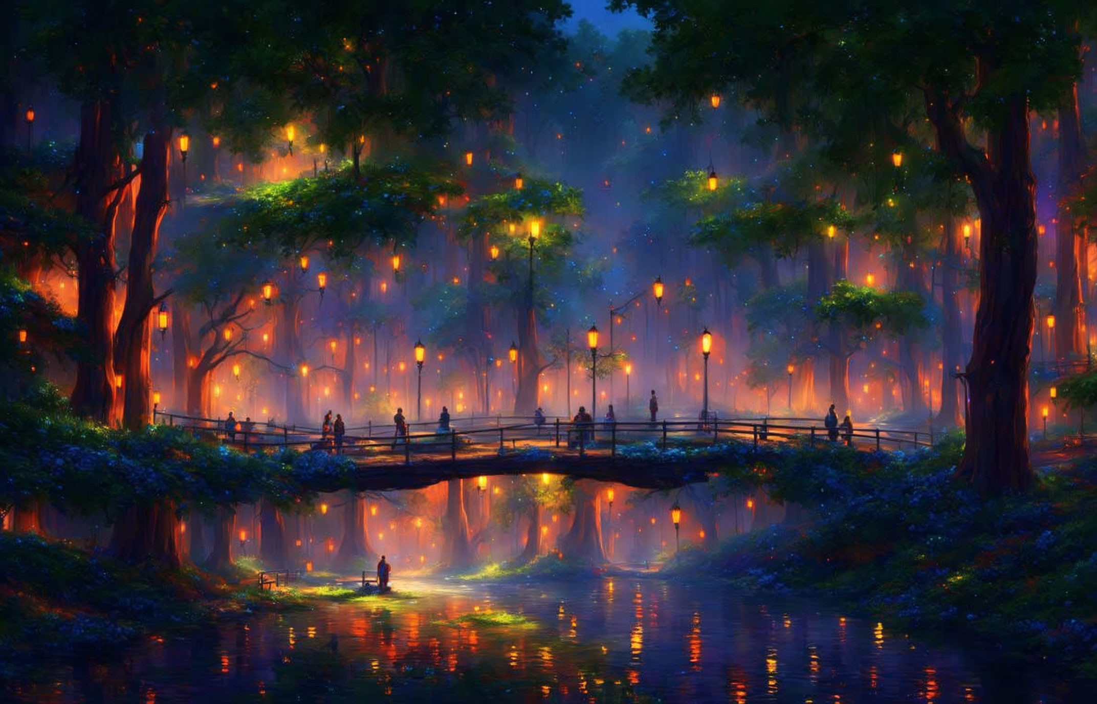 Twilight enchanted forest with lantern-lit trees, wooden bridge, and shimmering river