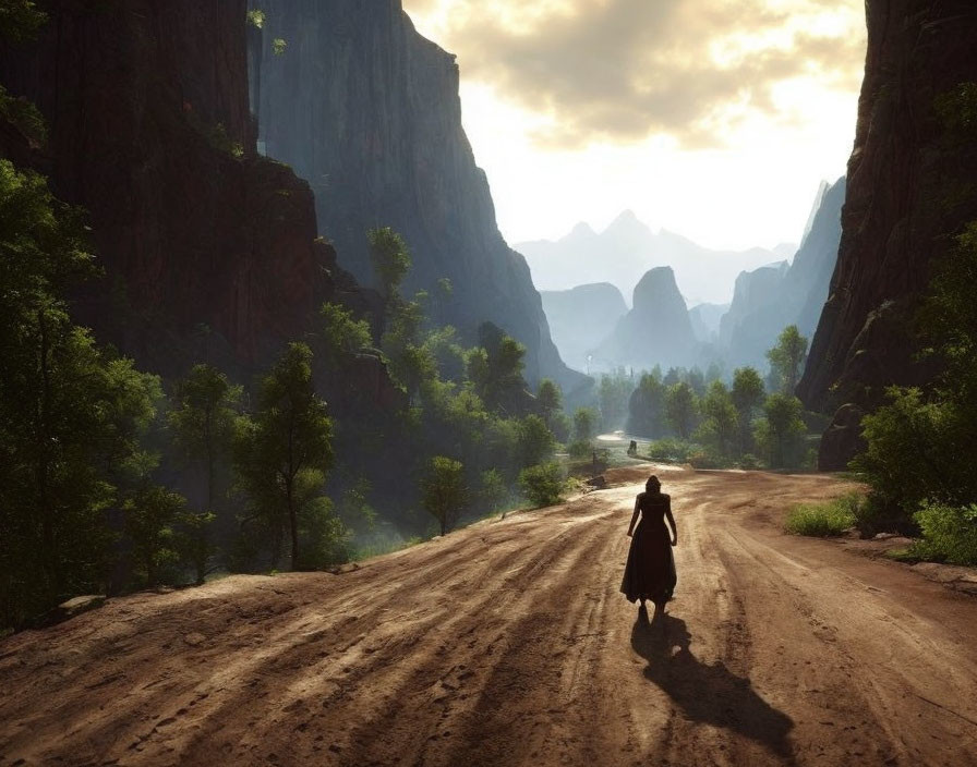 Lone rider on horseback on dusty trail between towering cliffs