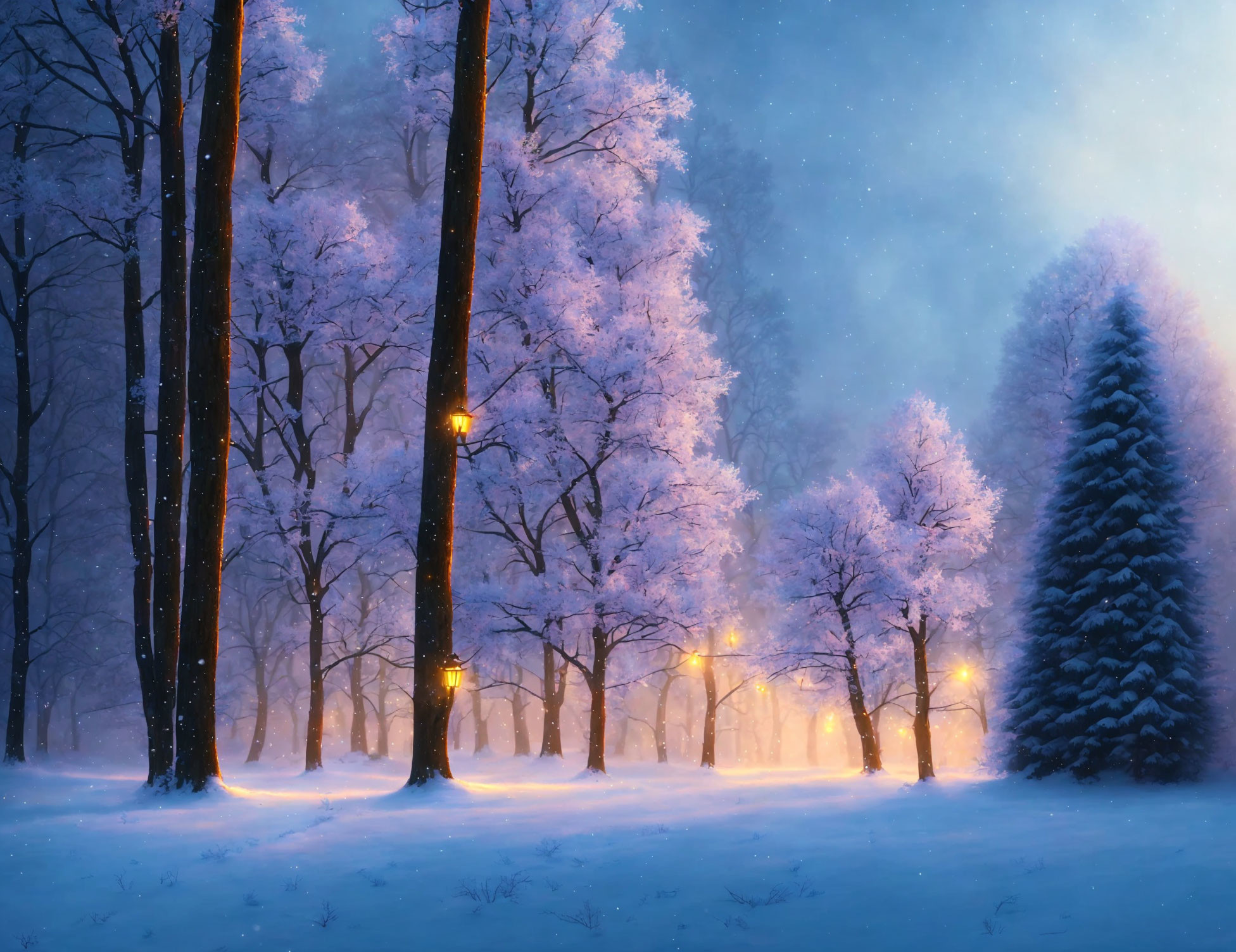 Snow-covered trees illuminated by warm glowing lights in tranquil winter scene